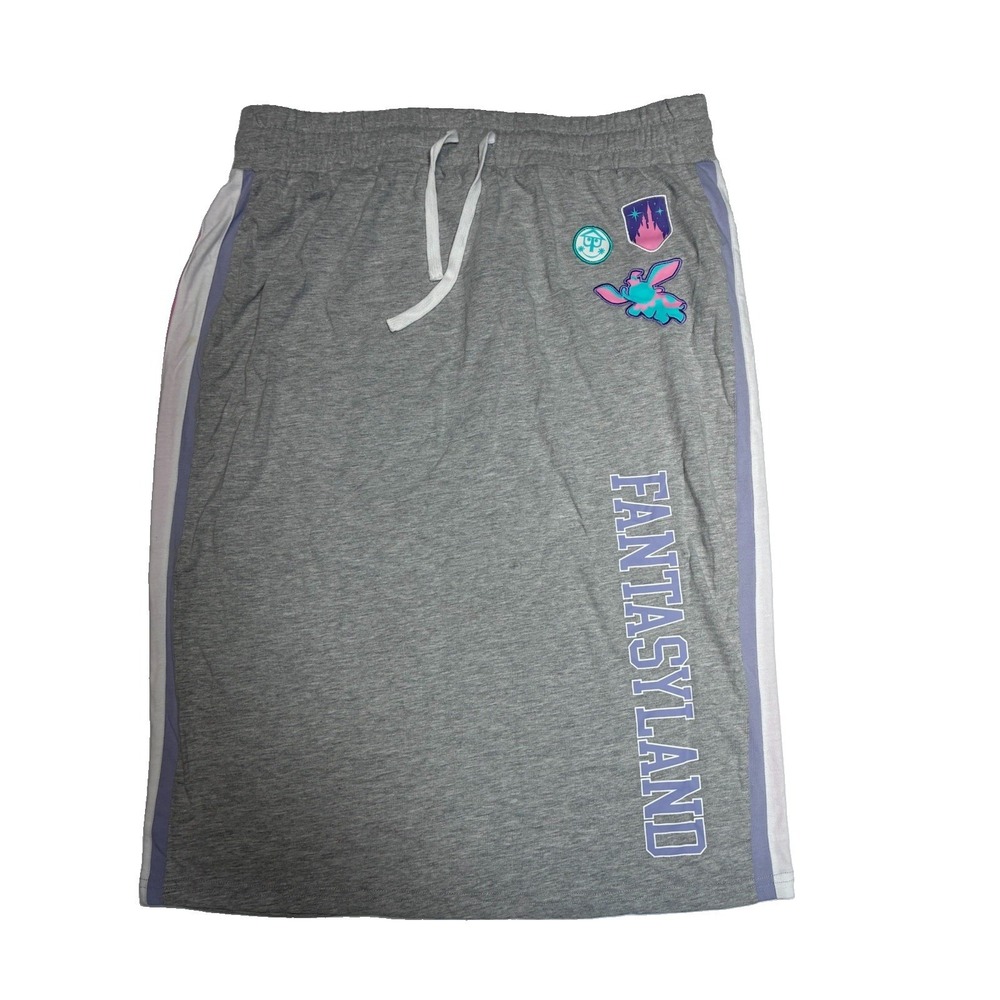 Disney Fantasyland Skirt M Gray White Pink Side Stripe Drawstring Patches